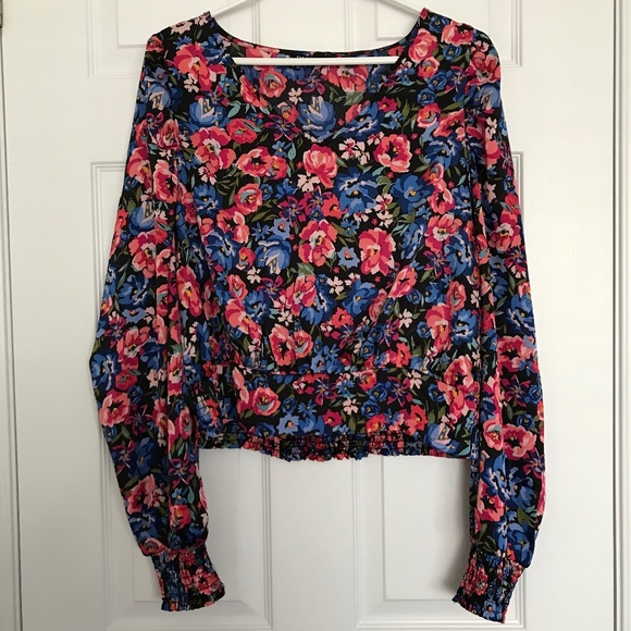 ONLY Floral Long Sleeve Top Blouse XL Blue Pink Green Patterned - Picture 1 of 14